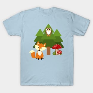 Kawaii fox owl and mushroom pattern T-Shirt